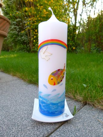 Taufkerze Kombination Lebensbaum-bunter Fisch (351TK)