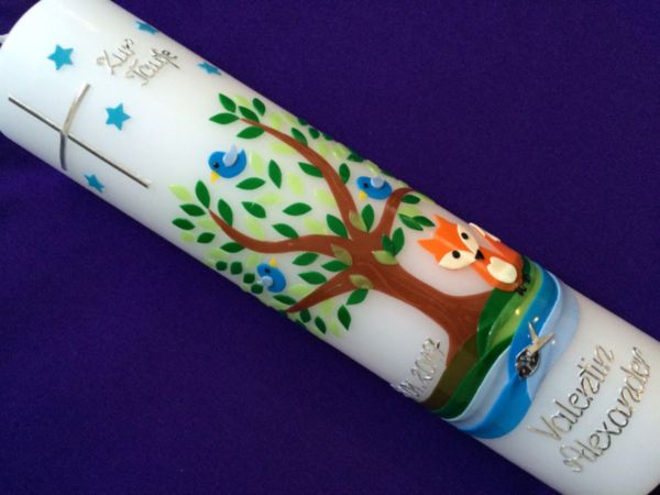 Taufkerze Lebensbaum mit Fuchs