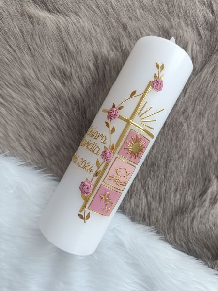 Taufkerze Mädchen- Kreuz - Junge - Kerze - Taufe - Handarbeit - keine Folie - inkl. Wachsbeschriftung (3026TK)