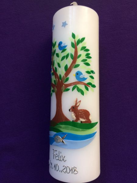 Taufkerze Kommunionkerze Lebensbaum mit Hase (1756TK)
