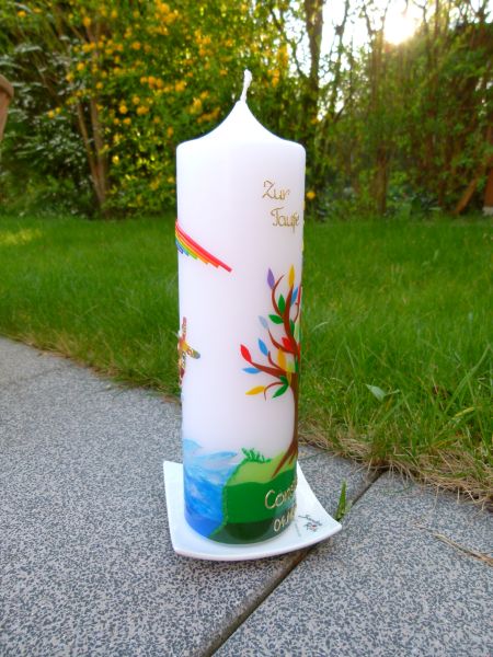 Taufkerze Kombination Lebensbaum-bunter Fisch (351TK)