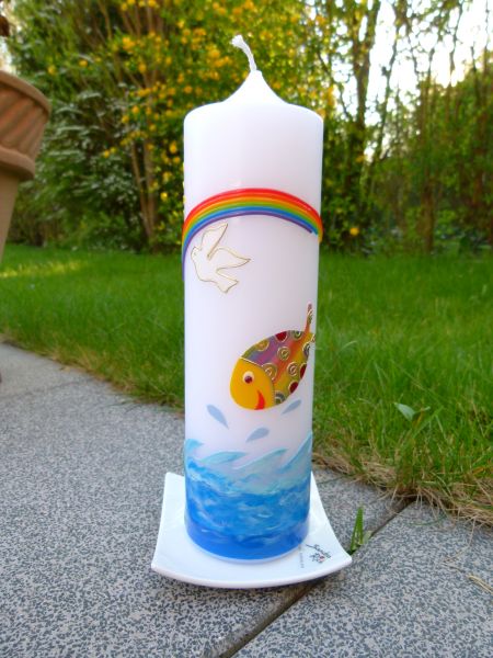 Taufkerze Kombination Lebensbaum-bunter Fisch (351TK)